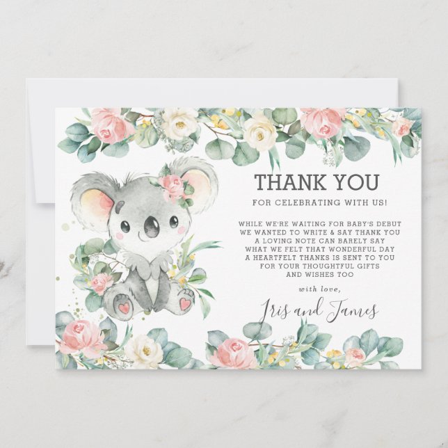 Pink Floral Greenery Cute Koala Baby Shower Girl Thank You Card (Front)
