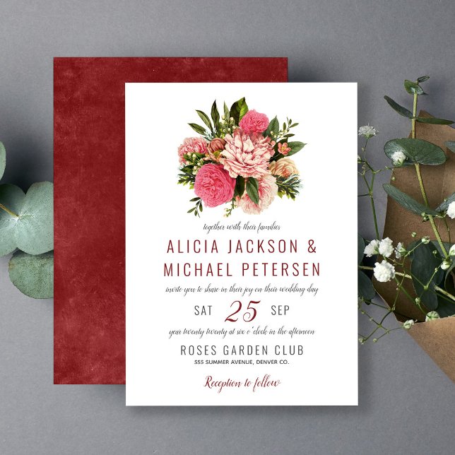 Pink floral greenery elegant rustic boho wedding invitation (Creator Uploaded)