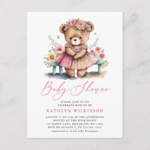 Pink Floral Greenery Elegant Script Baby Shower Invitation Postcard