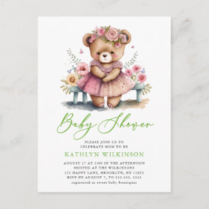 Pink Floral Greenery Elegant Script Girl Baby Show Invitation Postcard