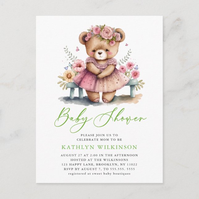 Pink Floral Greenery Elegant Script Girl Baby Show Invitation Postcard (Front)