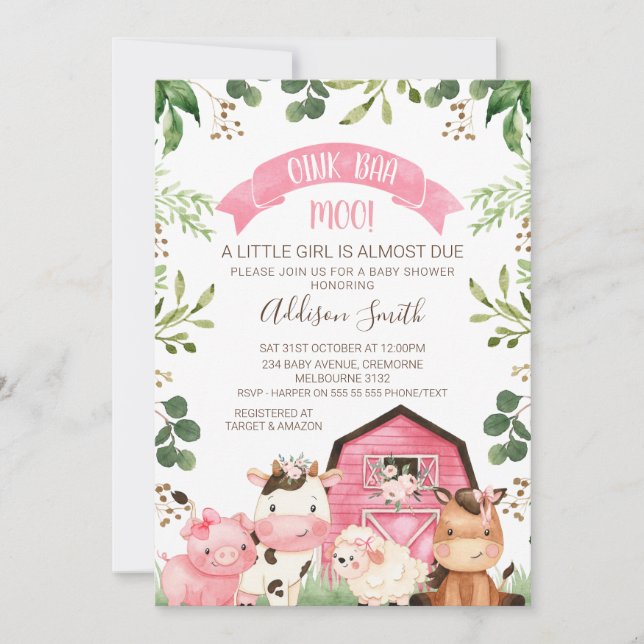 Pink Floral Greenery Farm and Barn Baby Shower  Invitation (Front)