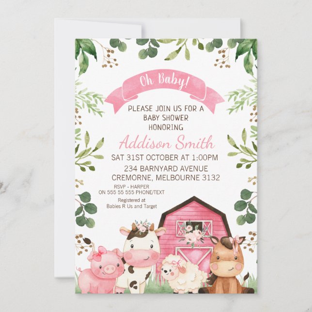 Pink Floral Greenery Farm and Barn Baby Shower Invitation (Front)