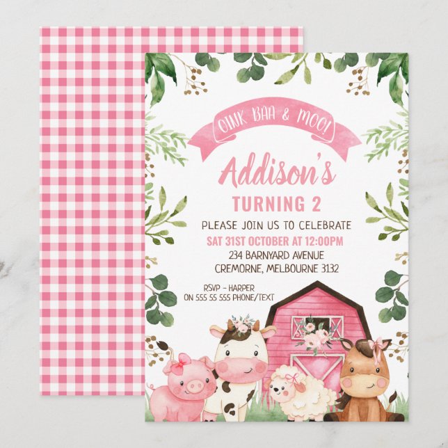 Pink Floral Greenery Farm and Barn Birthday Invitation (Front/Back)
