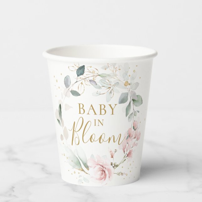 Pink Floral Greenery Foliage Baby Shower Paper cup (Front)