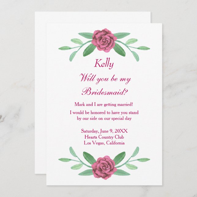 Pink Floral Greenery Foliage Bridesmaid Card (Front/Back)
