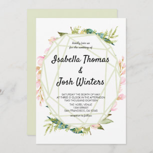 Pink Floral Greenery Foliage Frame Crystal Wedding Invitation