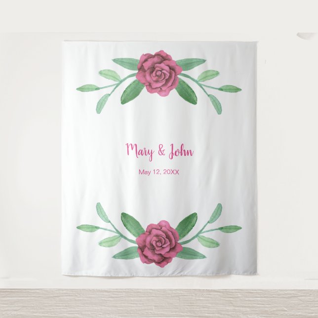 Pink Floral Greenery Foliage Photo Backdrop Tapestry (Front)