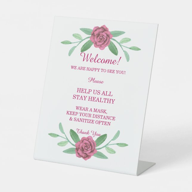 Pink Floral Greenery Foliage Wedding Pedestal Sign (Front)