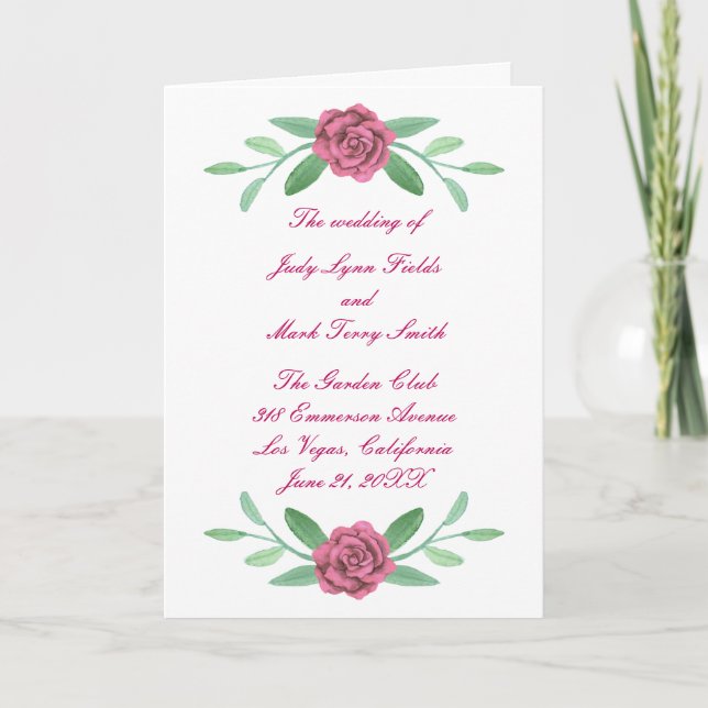 Pink Floral Greenery Foliage Wedding Program Card (Front)