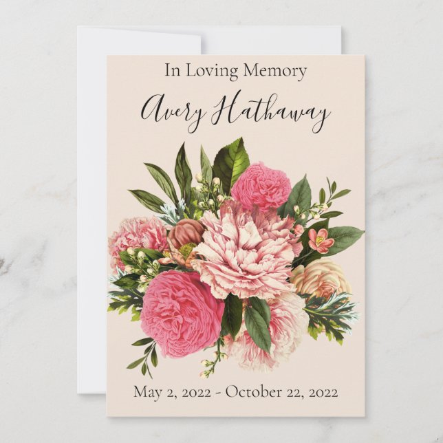 Pink Floral Greenery Funeral Memorial Program Invitation (Front)