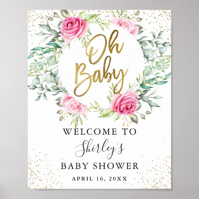 Pink Floral Greenery Glitter Baby Shower Welcome Poster (Front)