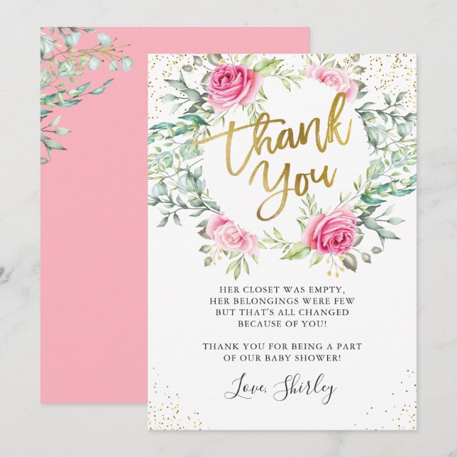 Pink Floral Greenery Gold Script Baby Shower Thank You Card (Front/Back)