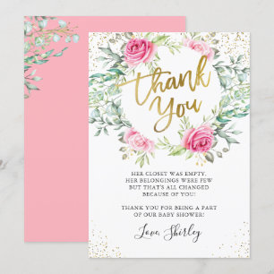 Pink Floral Greenery Gold Script Baby Shower Thank You Card