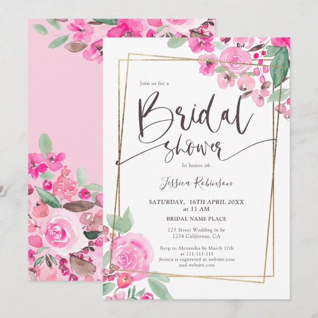 Pink floral greenery gold script bridal shower invitation (Front/Back)