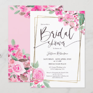 Pink floral greenery gold script bridal shower invitation