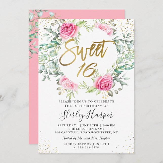 Pink Floral Greenery Gold Script Sweet 16 Birthday Invitation (Front/Back)