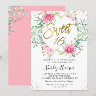 Pink Floral Greenery Gold Script Sweet 16 Birthday Invitation