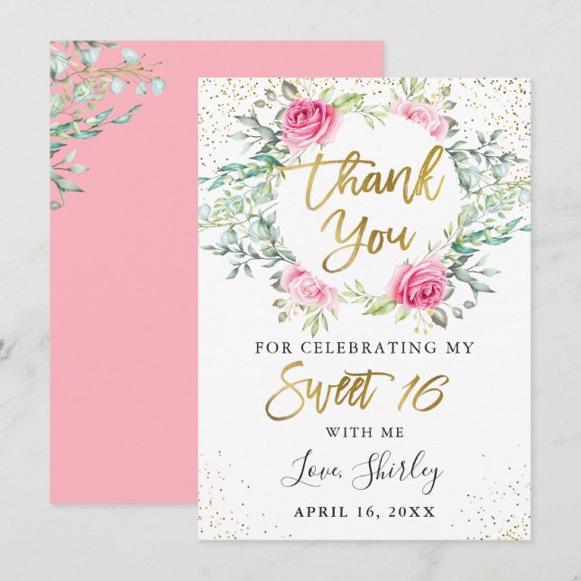 Pink Floral Greenery Gold Script Sweet 16 Birthday Thank You Card (Front/Back)