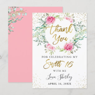 Pink Floral Greenery Gold Script Sweet 16 Birthday Thank You Card