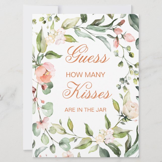 Pink floral, greenery Guess How Many Kisses Game Invitation (Front)