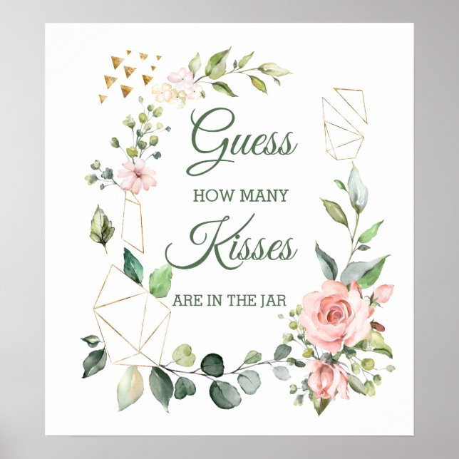 Pink floral, greenery Guess How Many Kisses Game Poster (Front)
