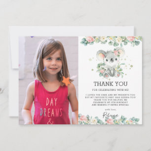 Pink Floral Greenery Koala 1st Birthday Girl Photo Thank You Card