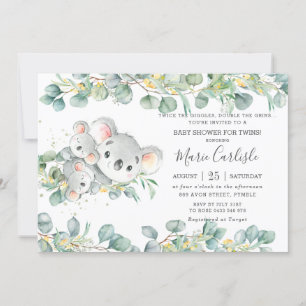 Pink Floral Greenery Koala Baby Shower Twins   Invitation
