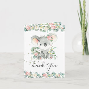 Pink Floral Greenery Koala Birthday Baby Shower  Thank You Card