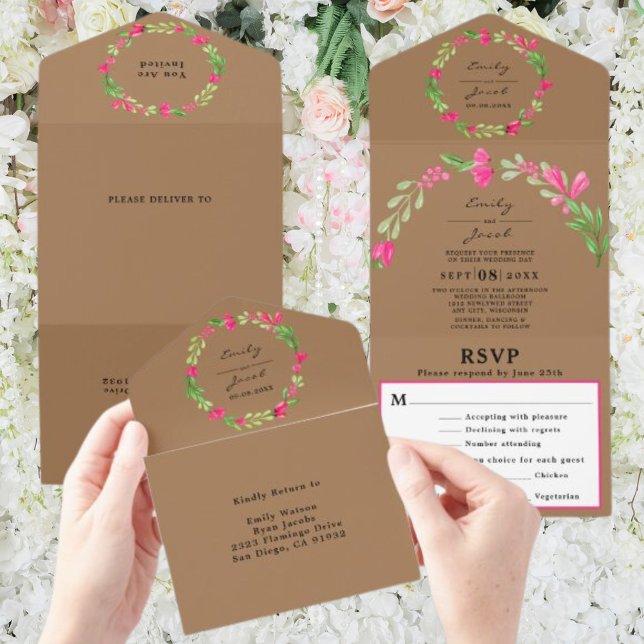 Pink Floral Greenery Light Brown Chic Wedding RSVP All In One Invitation (Creator Uploaded)