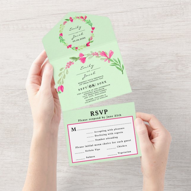 Pink Floral Greenery Pale Green Chic Wedding RSVP All In One Invitation (Tearaway)