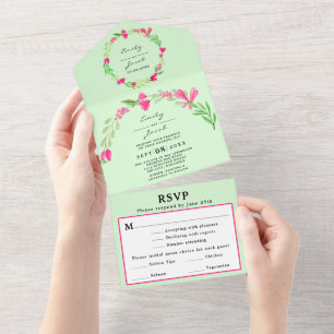 Pink Floral Greenery Pale Green Chic Wedding RSVP All In One Invitation