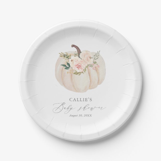 Pink Floral Greenery Pumpkin Baby Shower Paper Plate (Front)