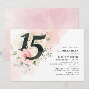 Pink Floral Greenery Quinceanera 15th Birthday Invitation