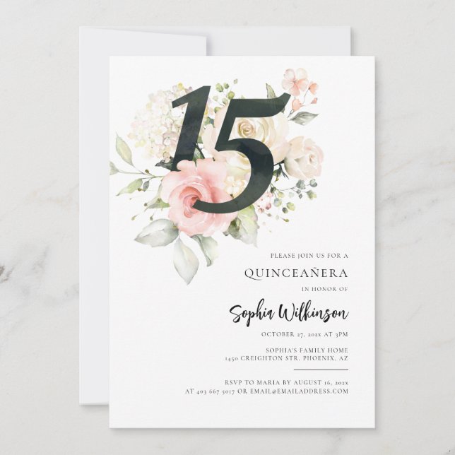 Pink Floral Greenery Quinceanera Celebration Invitation (Front)