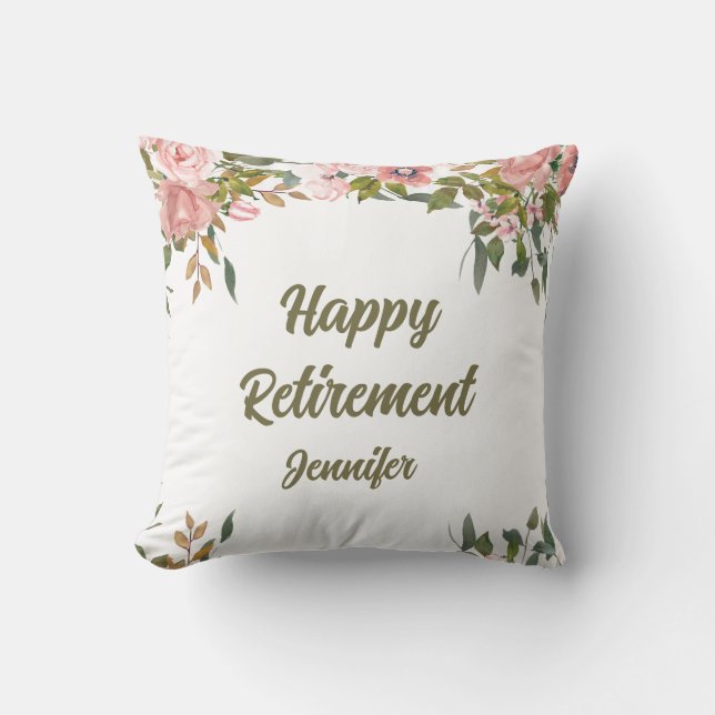 Pink Floral Greenery Rustic Boho Happy Retirement  Cushion (Front)