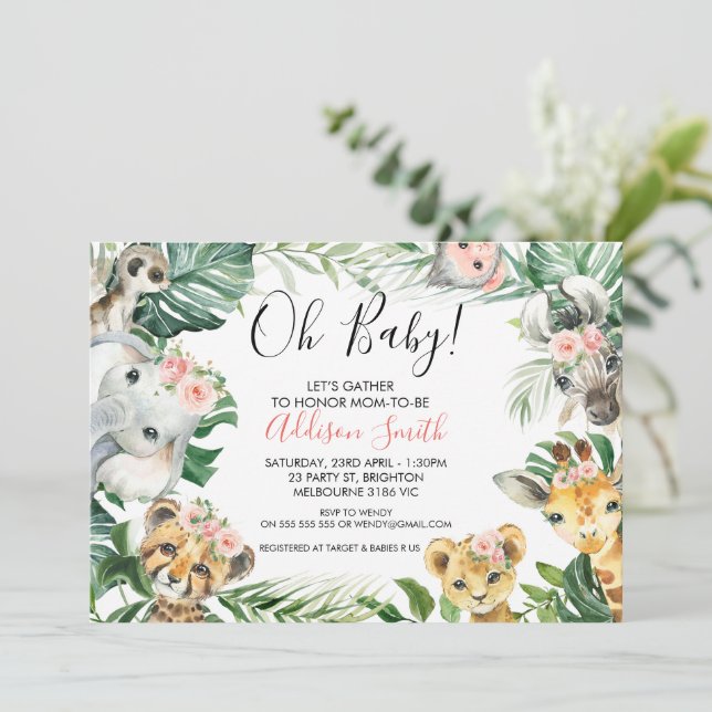 Pink Floral Greenery Safari Animals Baby Shower Invitation (Standing Front)