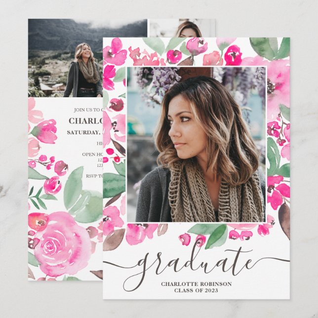 Pink floral greenery script 3 photos graduation invitation (Front/Back)