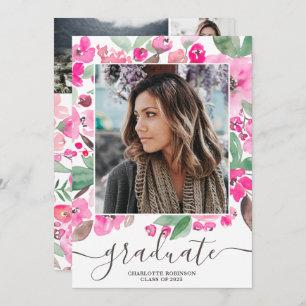Pink floral greenery script 3 photos graduation invitation