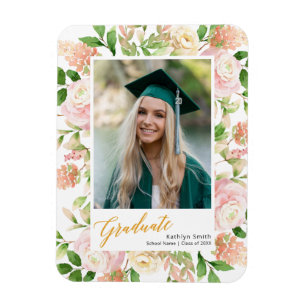 Pink Floral Greenery Script Girl Graduation Photo Magnet