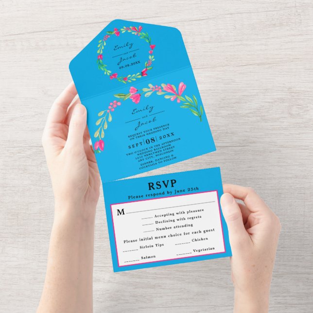 Pink Floral Greenery Sky Blue Elegant Wedding RSVP All In One Invitation (Tearaway)
