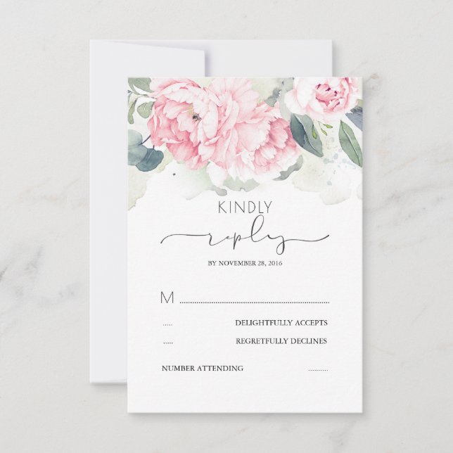 Pink Floral Greenery Splashes Wedding RSVP Card (Front)