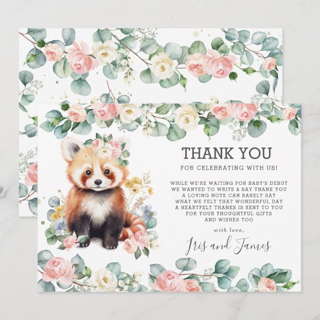 Pink Floral Greenery Sweet Red Panda Baby Shower Thank You Card (Front/Back)