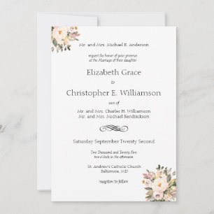Pink Floral Greenery Traditional Formal Wedding Invitation