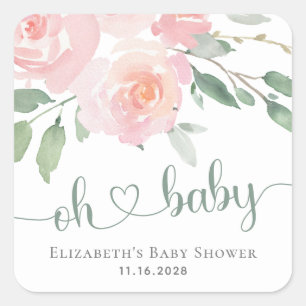 Pink Floral Greenery Watercolor Baby Shower Square Sticker