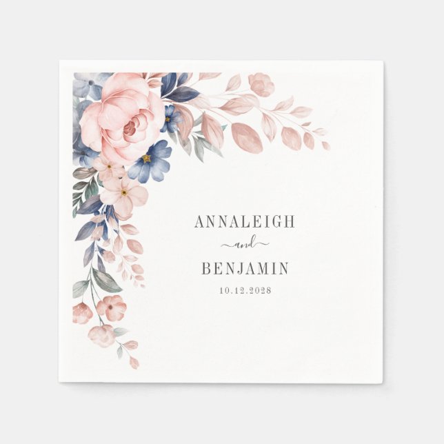 Pink Floral Greenery Watercolor Wedding Napkin (Front)