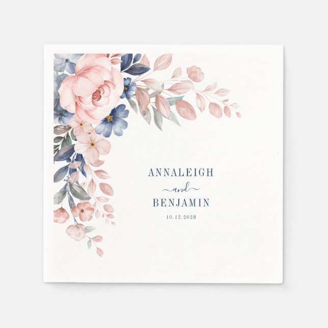 Pink Floral Greenery Watercolor Wedding Paper Napkin (Front)