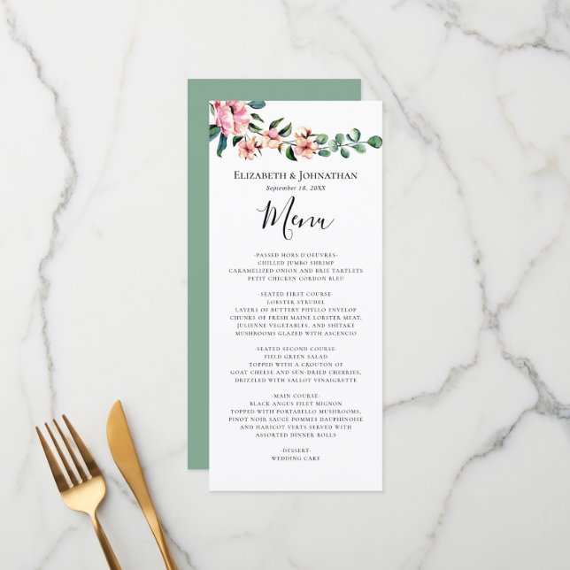 Pink Floral Greenery Watercolor Wreath Wedding Menu (Front/Back In Situ)