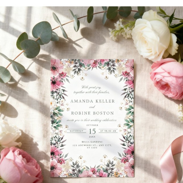 Pink Floral Greenery Wedding Invitation (Creator Uploaded)