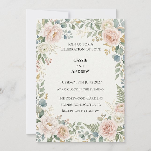 Pink Floral Greenery Wedding Invitation (Front)